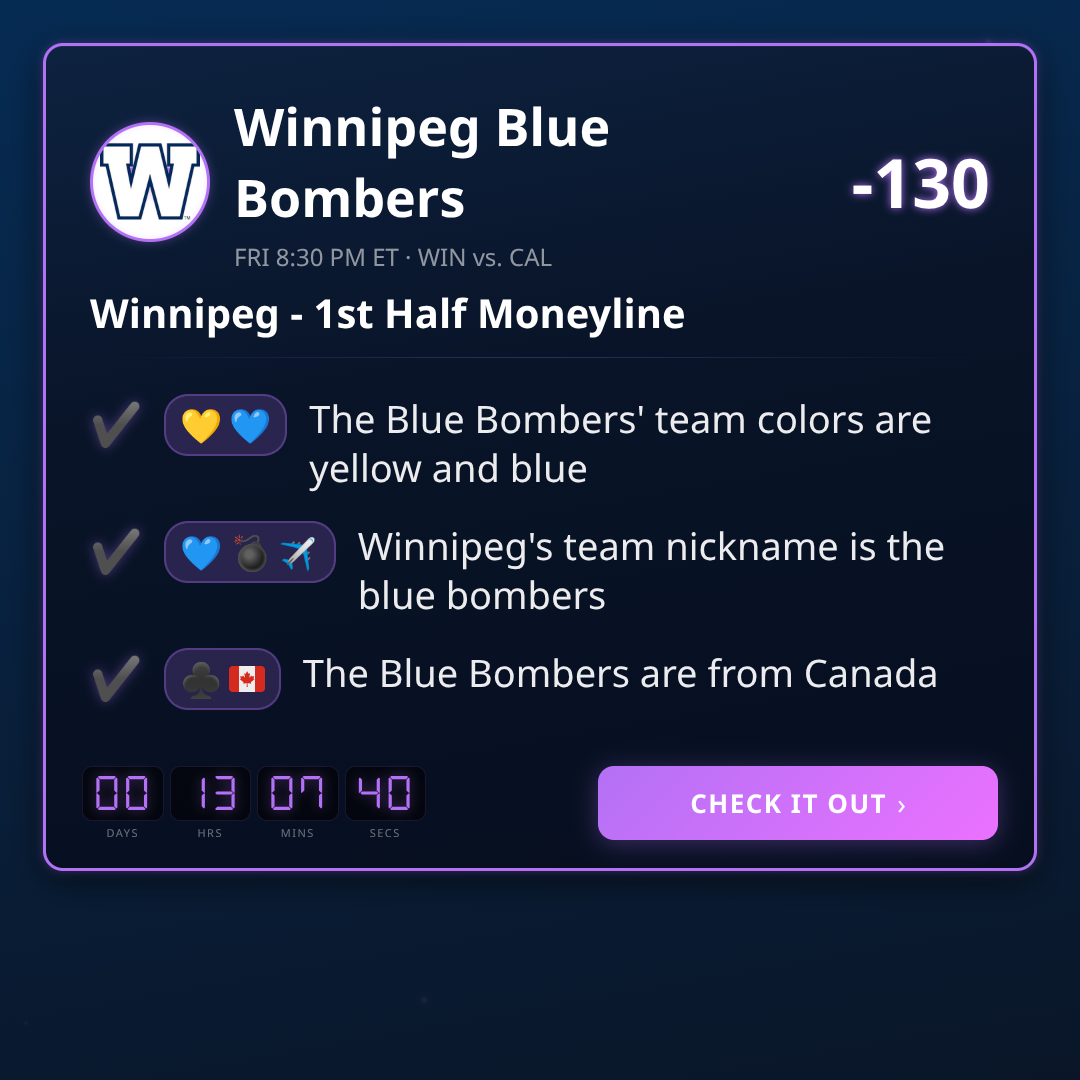 CFL 1st Half Moneyline Best Picks This Week